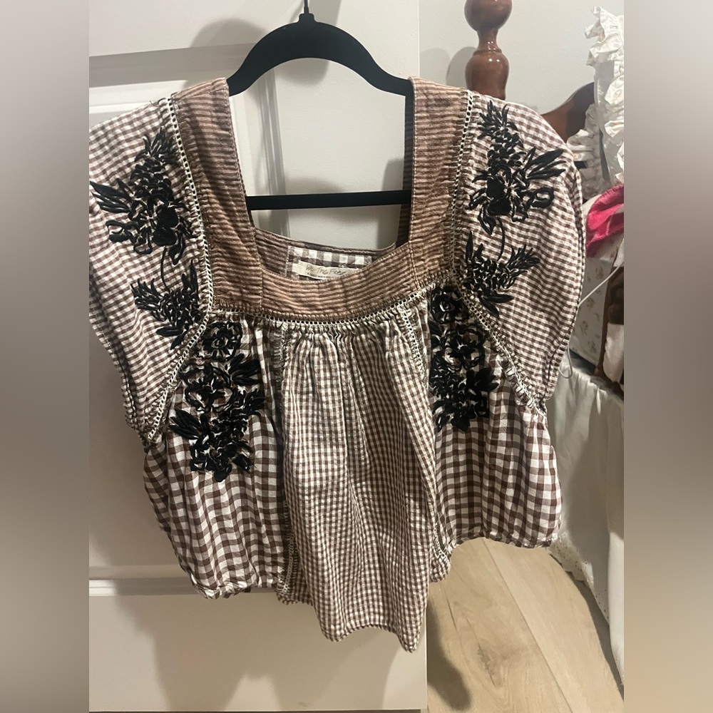 We The Free Brown Gingham Embroidered Peasant Blouse